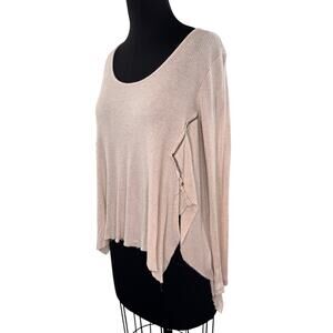 Vintage Havana Beige Blouse Ribbed Knit Scoop Neck Asymmetrical Hem Pullover